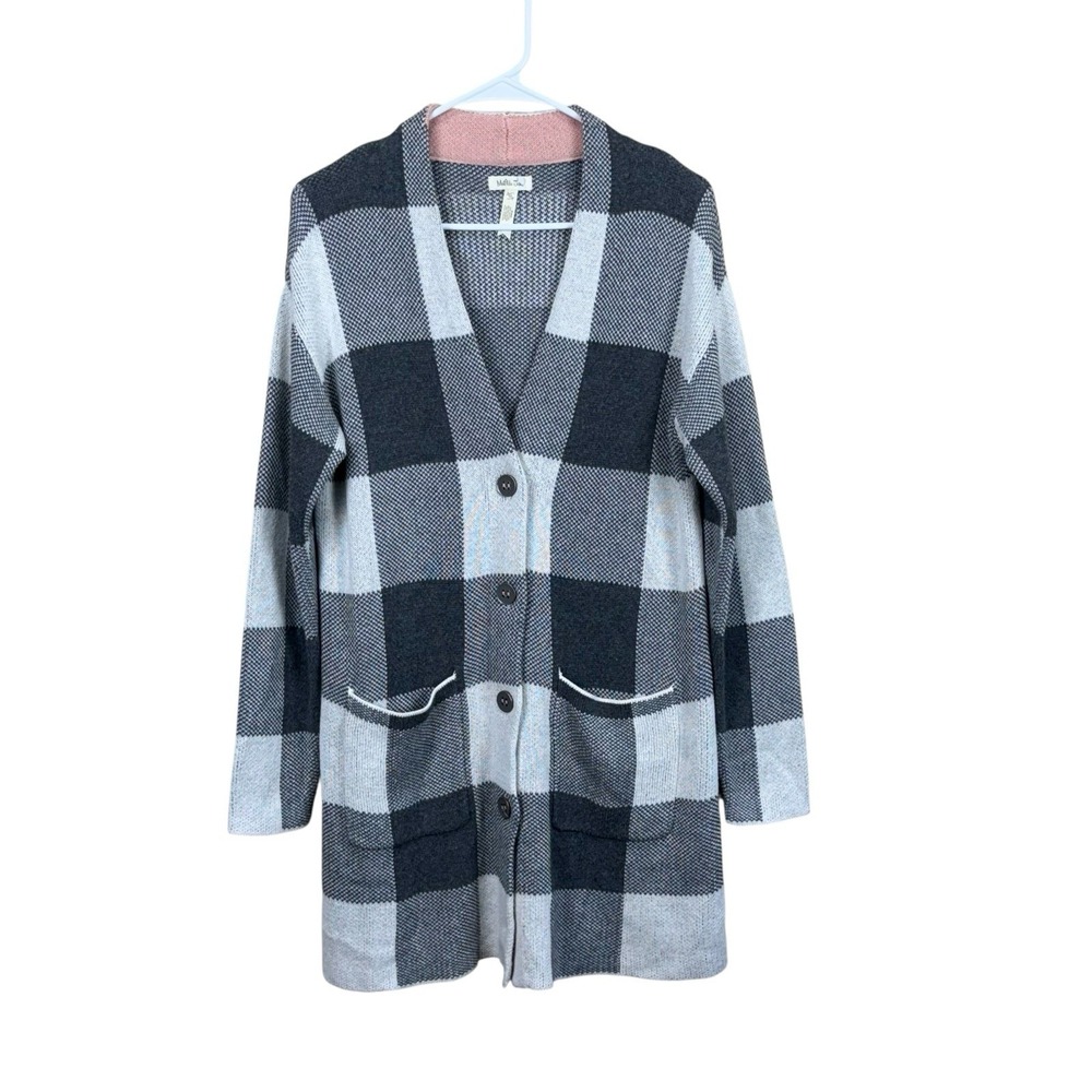 Matilda Jane Enola Cardigan Womens Gray Ivory Check Button Front‎ Sweater Medium